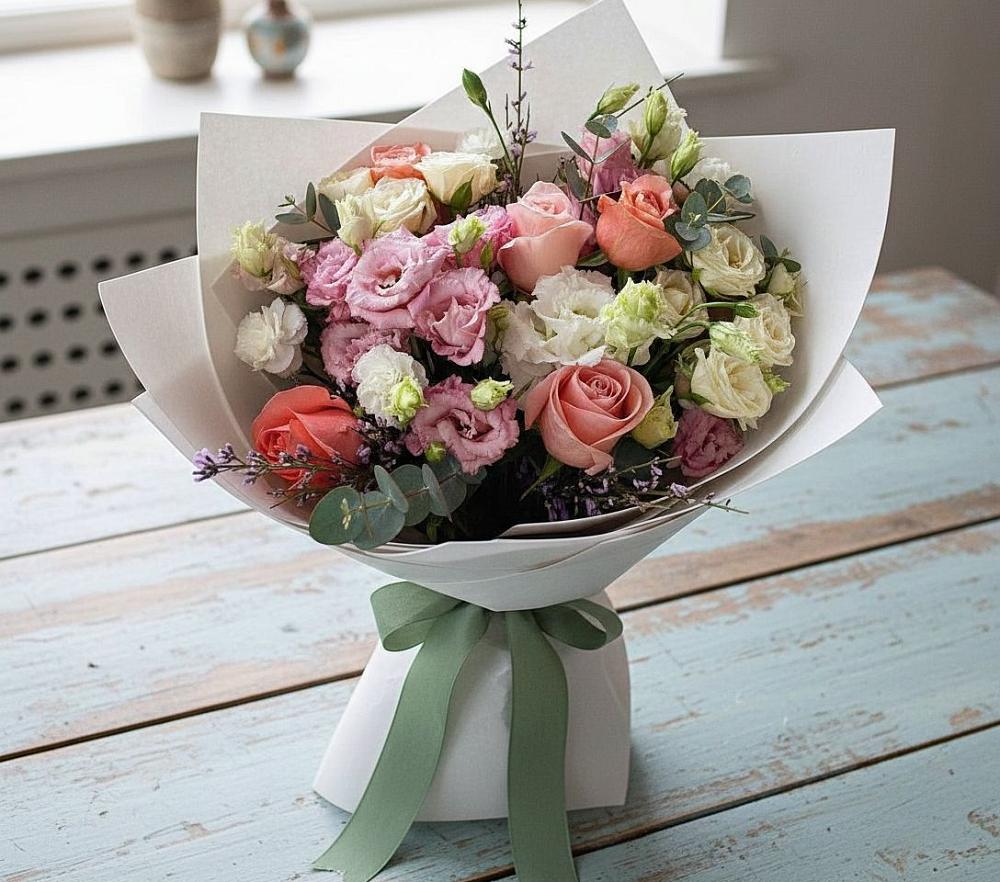 Букет цветов из: Розы, Лизиантусы и Гвоздики в Старое Дрожжаное