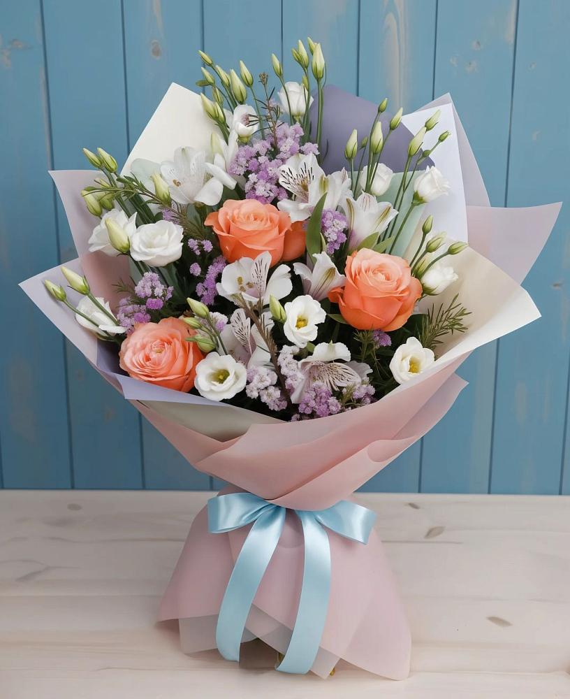 Букет цветов из: Лизиантусы, Розы, Альстромерии и Гипсофила в Старое Дрожжаное