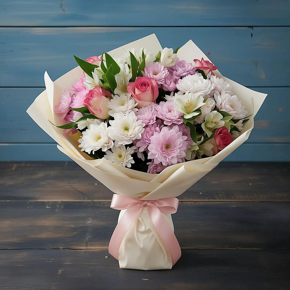 Букет цветов из: Хризантемы, Альстромерии и Розы в Старое Дрожжаное